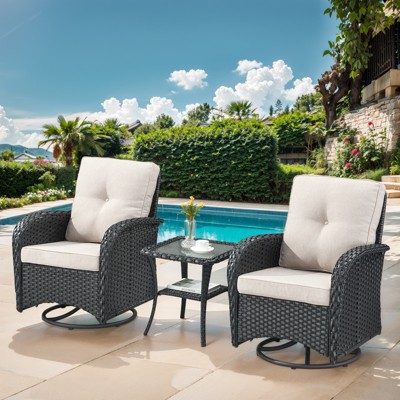 POCASSY Black Wicker Patio Furniture Set Outdoor Swivel Rocker Patio Glider Chairs Set of 2 with Side Table for Porch Balcony in Beige Cushion