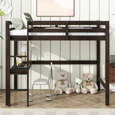 Twin Size Loft Bed with Safety Guardrail, Built-in Desk and Ladder