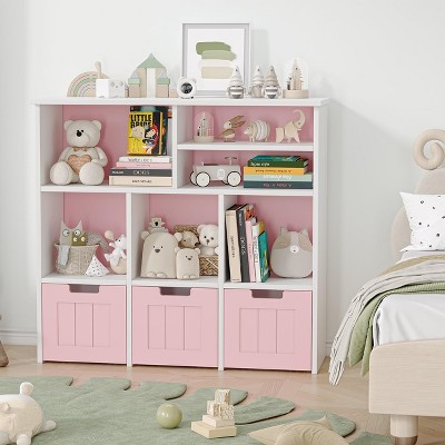 Kids Bookcase Toy Storage Organizer Toy Chest with 3 Movable Drawers & Hidden Wheels Toy Storage Cabinet