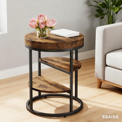 Gulches 3-Tier Round End Table (Rustic Brown) Industrial Wood Metal Side Table with Storage Shelves, Nightstand for Living Room Bedroom