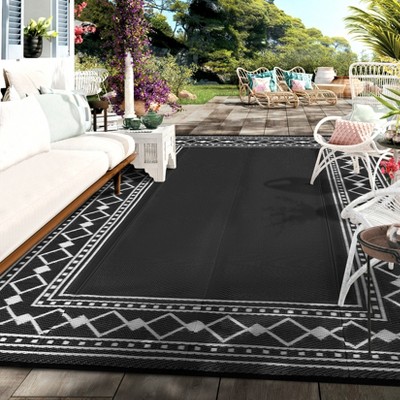 Outdoor Rug Modern Bordered Geometric Rug Waterproof Reversible Plastic Straw Rug for Patio Camping RV Balcony Backyard