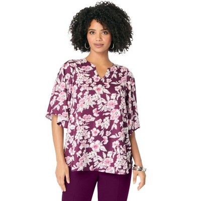Roaman's Notch-Neck Flutter-Sleeve Blouse