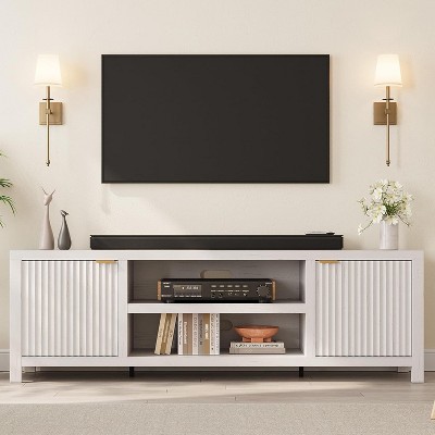 Fluted TV Stand for 80 Inch, Wooden Media Console Cabinet with Fluted Door and Gold Handle for Living Room Bedroom