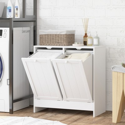 kleankin Tilt out Laundry Hamper, Hamper Cabinet, with 2 Compartments, Modern Laundry Cabinet for Bathroom, Washroom, White