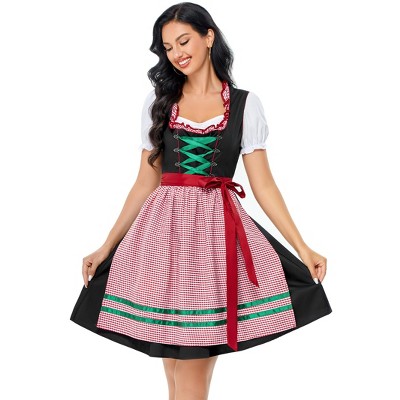 Women's Traditional Dirndl Dress - Embroidered Bodice, Checkered Apron & Detachable Blouse Set