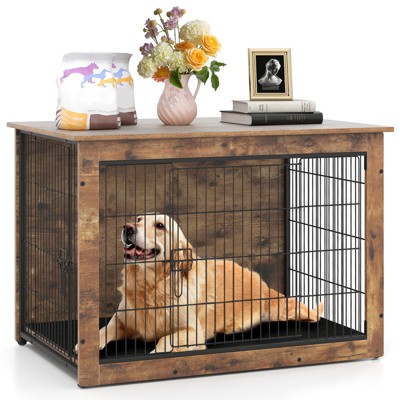 Costway 39” Dog Kennel w/ Chew-Resistant Metal Frame & Soft Mat Double Doors Dog Crate End Table