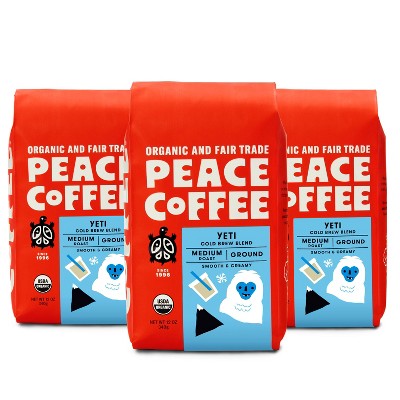 Peace Coffee Yeti Cold Brew Blend Medium Roast Ground Coffee - 36oz/3ct