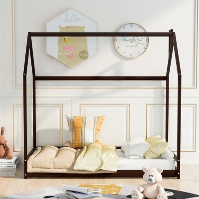 Twin Size/Full Size Platform Bed, Wooden Floor Bed, House-Shaped Bed Frame with Roof for Teens Boys Girls Bedroom Furniture (Slats Not Included)