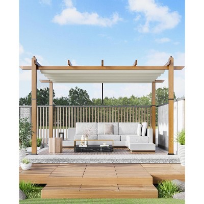 10x10ft Outdoor Aluminum Pergola Retractable UPF 50+ Waterproof Canopy, Wood Grain Frame, Tool-Free Assembly