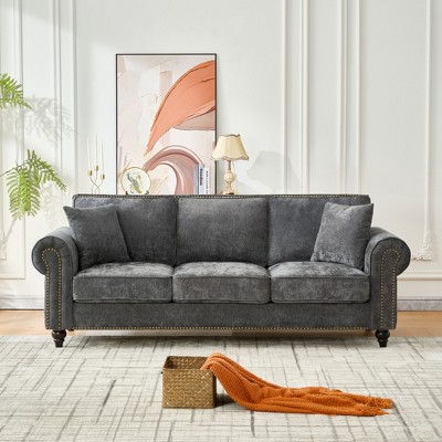 ORRD 86" Chenille 3-Seater Sofa with Wood Legs, Modern Rolled Arm Couch with Nailhead Trim for Living Room & Apartment