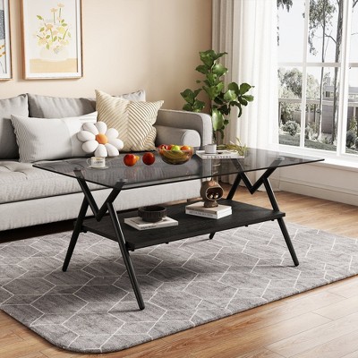 MOEPISY Rectangle Coffee Table With Tempered Glass Top And Black Mdf Shelf, Modern Table For Living Room, Gray Glass