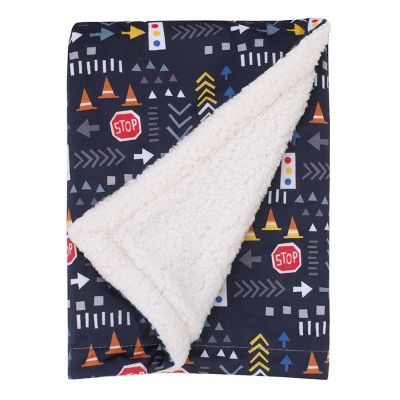 NoJo Transportation Trails Navy, Red, and Yellow Stop Light Super Soft Cuddly Plush Baby Blanket