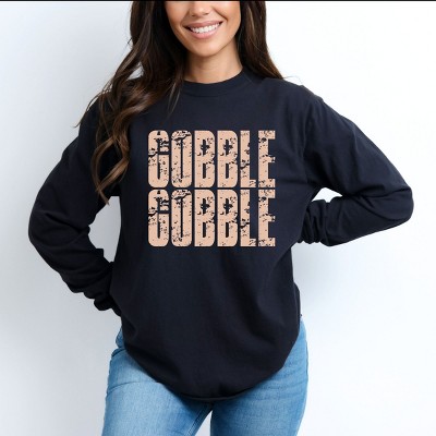 Gobble Gobble Block Distressed - Women's Garment Dyed Long Sleeve Graphic T-Shirt