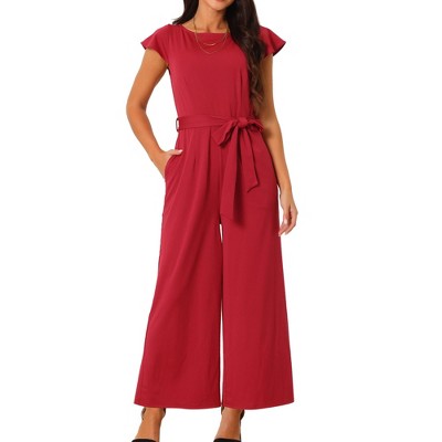 Seta T Women's Ruffle Cap Sleeve Belted High Waist Jumpsuits with Pockets