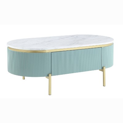 Cartehena Faux Marble Coffee Table with Drawer Light Teal Blue - HOMES: Inside + Out: Chic Gold, Mid-Century Modern Design, Concealed Storage