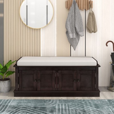 CAVINAS Modern Shoe Bench with 4 Doors & Adjustable Shelves,Solid Wood Removable Cushion Storage Bench for Entryway,Living Room