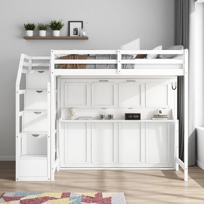 Merax Full XL Loft Bed with Storage Stairs & Convertible Murphy Bed