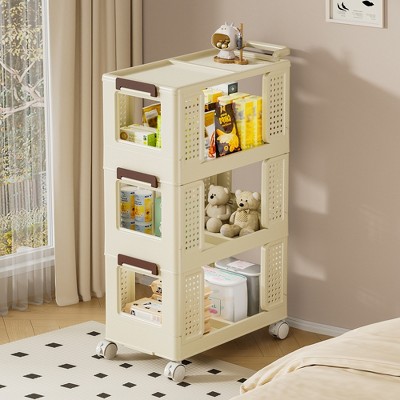 DOMETOUR 3-Tier Kitchen Storage Cart, Multifunction Rolling Organizer, Mobile Shelving Unit with Lockable Wheels for Bathroom, Laundry, Beige