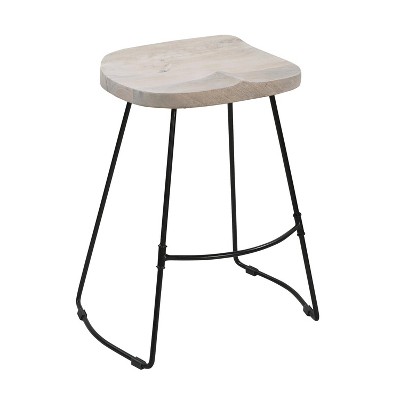 The Urban Port 24" Backless Counter Height Barstool Whitewashed Mango Wood Saddle Seat Black Metal Base White/Black