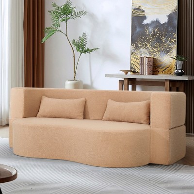 2-in-1 Convertible Sofa Bed,Full Size Folding Loveseat Couch with Soft Teddy Fabric, No Assembly Needed,with 2 Pillows, Space-Saving Futon