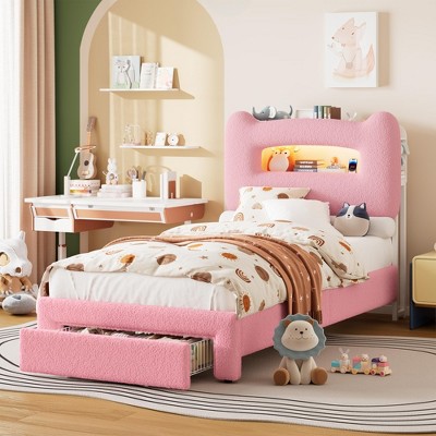 Upholstered Twin Bed Frame with 2-Tier Storage Headboard, Platform Bed with Charging Station and Drawer for Kids/Girls/Boys