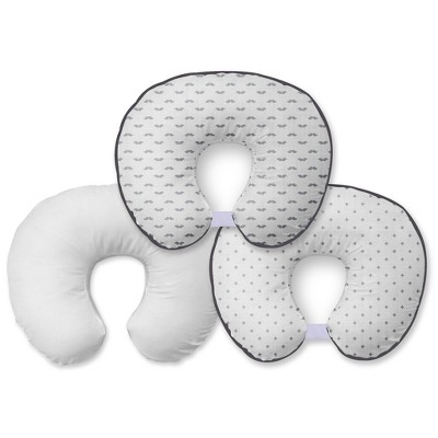 Bacati - 3 pc Mustache/Plus Gray Muslin Hugster Feeding & Infant Support Nursing Pillow with 2 removable zippered covers