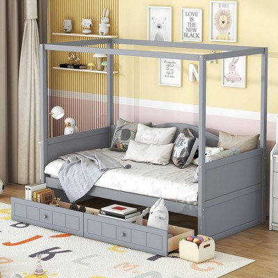 Twin Size Wood Canopy Daybed Frame with 2 Drawers, White/Gray, 4L -ModernLuxe