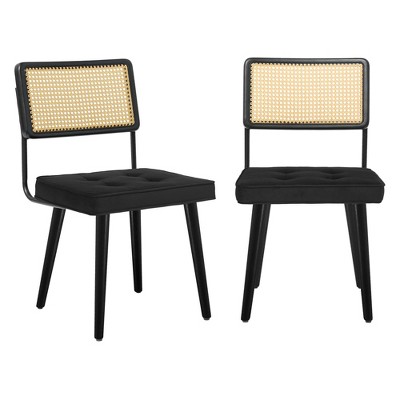 Set of 1 Mid Century Modern Dining Chair with Handwoven Rattan Cane Back, Velvet Green Upholstered Seat, Rubberwood Legs, Brown