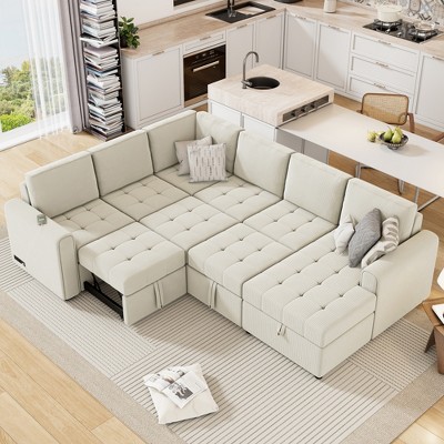 CIPACHO Beige 107.5 Inch U Shaped Sectional Sofa Pull out Sofa Bed with Storage Chaise Lounge and Charging Devices for Living Room