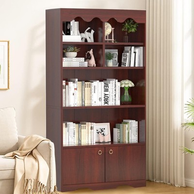 5-Tier Bookcase, 63 Inch Tall Bookshelf with Open Storage Shelves & Doors, Modern Wooden Floor Standing Display Storage Shelves, Home Decor Furniture