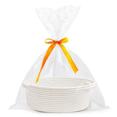 Itopfox Small Woven Gift Basket with Ribbon, Durable Storage Organizer for Baby Toys, Home Decor, and Office Supplies, Handles Included, White