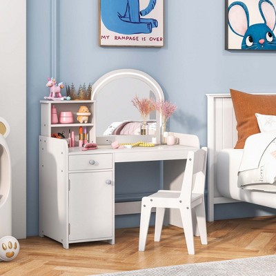 Costway Kid Vanity Table Chair Set 2-Color LED Lights Large Drawer Shelf Cabinet White/Pink