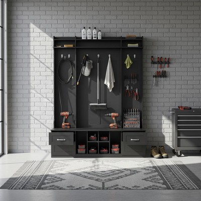 Homy Casa Entryway Hall Tree with Storage Bench, Shelves, and Coat Hooks for Mudroom or Hallway, Black