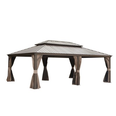 PAGED 10'X12' Hardtop Outdoor Canopies and Gazebos with Galvanized Steel Double Canopy for Patios Deck Backyard, Curtains and Netting, Brown