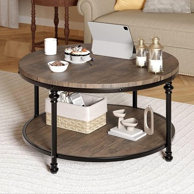 GustoWave Round Coffee Table, 2-Tier Rustic Wood Coffee Table with Storage Shelf for Home, Apartment, Small Spaces