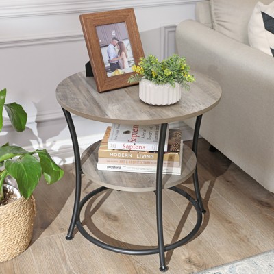 VASAGLE Side Table, Round End Table with 2 Storage Shelves for Living Room, Bedroom, Nightstand, Accent Coffee Table, Greige and Ink Black