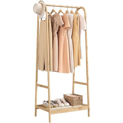 Acekool Bamboo Garment Rack with Storage Shelf, Freestanding Clothing Organizer for Bedroom, Entryway, Living Room, Space-Saving Design