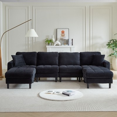 122.5-Inch Oversized U-Shaped Modular Sofa, Corduroy Fabric Sofa, Living Room Sectional Sofa with 2 Pillows, Two ottoman, plastic leg, Grey