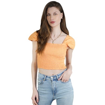 Artyska Women's Square Neck Smocked Cap Sleeves Linen Crop Tops Trendy