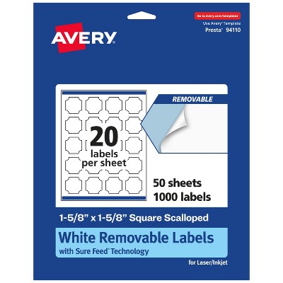 Avery Matte White Removable Square Scalloped Labels with Sure Feed Technology, Print-to-the-Edge, 1-5/8" x 1-5/8"