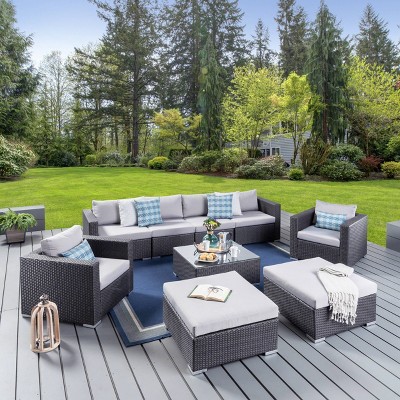 Santa Rosa 9pc Wicker Patio Sectional Sofa Set - Gray/Silver - Christopher Knight Home: Weather-Resistant, Aluminum Frame, Tempered Glass Table