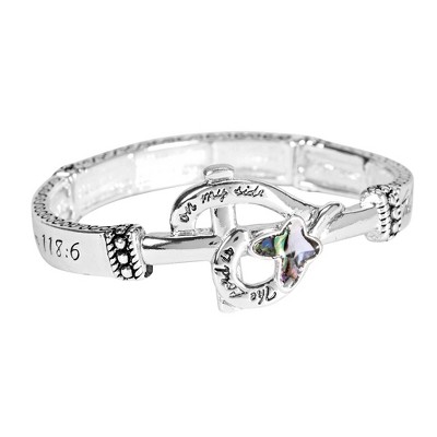 Dicksons I Will Not Fear Engraved Verse Heart Butterfly Abalone Stone Women's One Size Silver Plated Stainless Steel Everyday Four-Tile Stretch