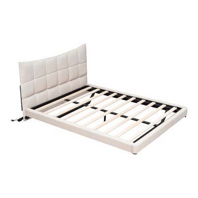 HomeRoots Beige Tufted Upholstered Full Bed Frame With LED Lighting And USB