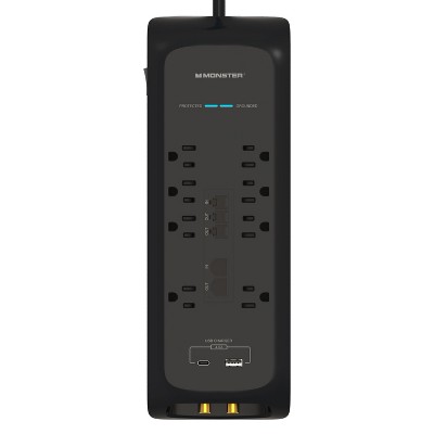 Monster 6ft Black Heavy Duty Power Strip and Tower Surge Protector, 4050 Joule Rating, 8 120V-Outlets, 1 USB-A and 1 USB-C Port 