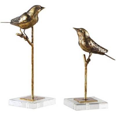 Uttermost Passerines 13" Antique Gold Leaf Bird Figurines Set of 2