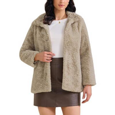 INSPIRE CHIC Women's Faux Fur Lapel Warm Overcoat with Pockets Winter Fluffy Jacket