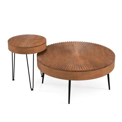 Costway Farmhouse Round CoffeeTable Set of 2 End Table Natural Finish for Living Room Coffee/Natural