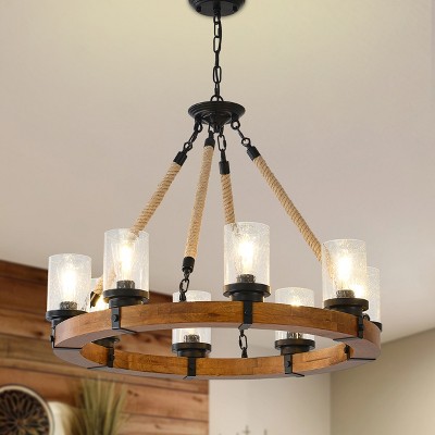 BAOURE Rustic Farmhouse Wagon Wheel Chandelier with Seeded Glass Shade, 6 Light Round Wood Pendant Light for Dining Room Living Room Foyer, Brown 21in
