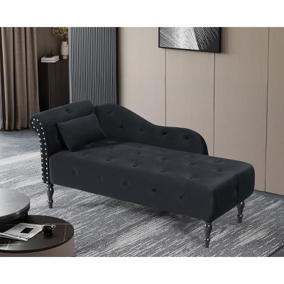60.6" Velvet Chaise Lounge (Left Arm) - Tufted Button & Nailhead Trim Design with Solid Wood Legs & Included Pillow, 300lb Capacity