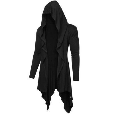 COOFANDY Long Hooded Cardigan Ruffle Shawl Collar Open Front Lightweight Drape Cape Overcoat with Pockets S-XXXL